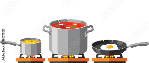 Cooking pots and frying pan on stove with boiling soup egg flat vector illustration isolated