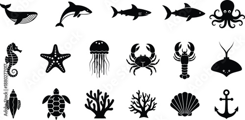 A collection of black silhouette icons of various sea creatures and marine objects