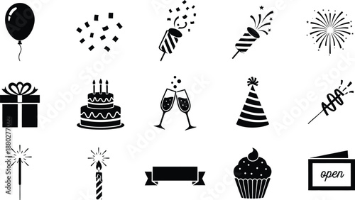 A collection of black and white icons for celebrations and parties including birthday and new year elements