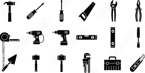 Collection of black and white silhouette icons representing various construction and repair tools