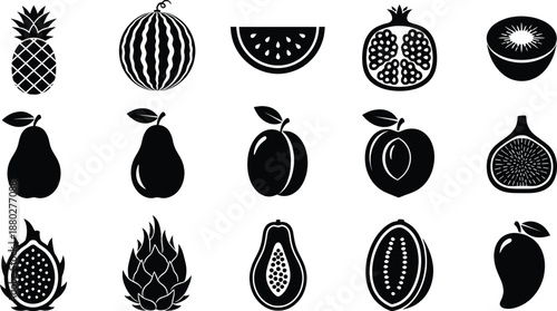 A collection of black and white fruit icons representing various types of fresh produce