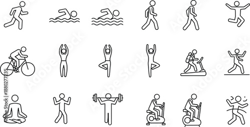 Fitness activity icons, exercise vector set, yoga meditation, running cycling swimming, gym workout, healthy lifestyle, wellness illustration, sports silhouette, black white design