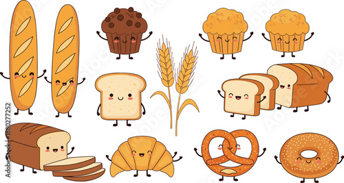 Cute bakery bread characters set including loaf baguette croissant pretzel donut cartoon vector illustration isolated