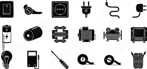 A comprehensive set of silhouette icons illustrating various electrical components and tools