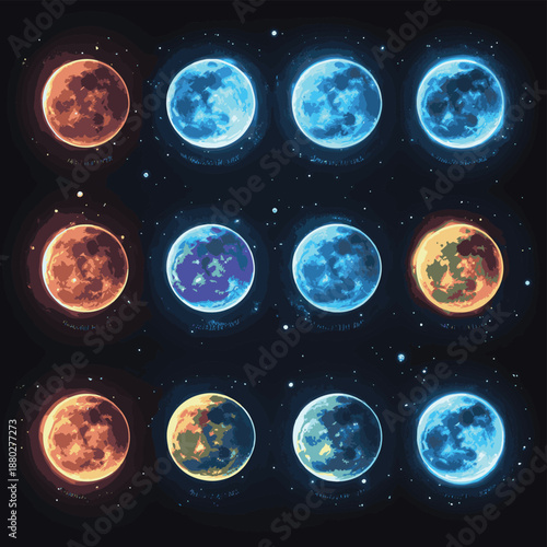 Glowing bright moon or lunar and planetary phases in soft geometric orb forms on black background for celestial space , vector style simple color