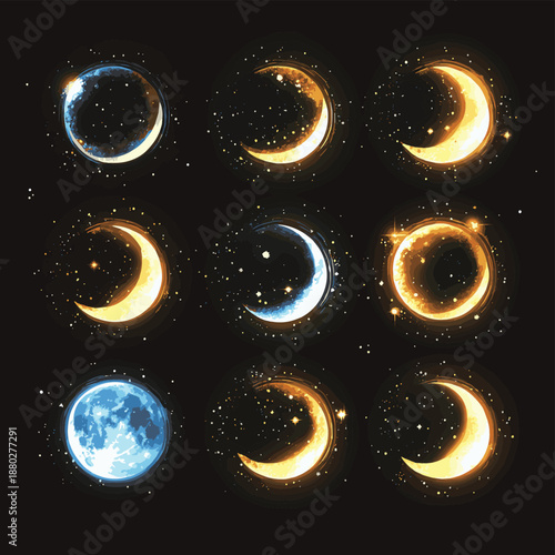 Glowing bright moon or lunar and planetary phases in soft geometric orb forms on black background for celestial space , vector style simple color