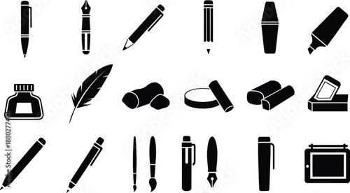 A collection of various writing and drawing tool icons for creative and school-related projects