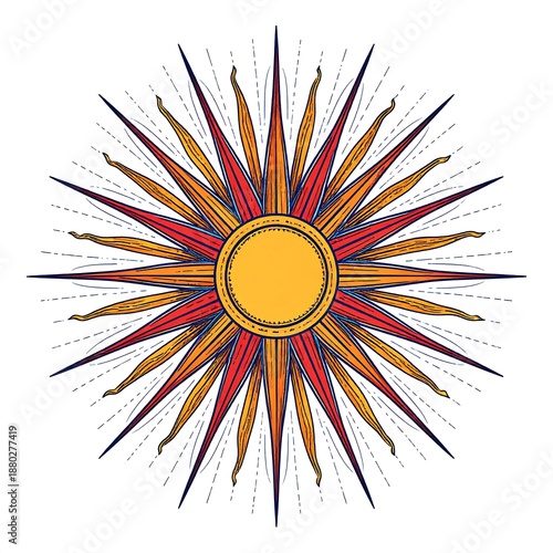 Detailed vector illustration of a sun with rays emanating outwards and surrounded by a circle