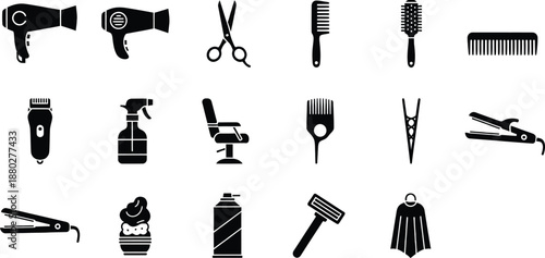A comprehensive collection of barbershop and hair styling equipment and tools icons