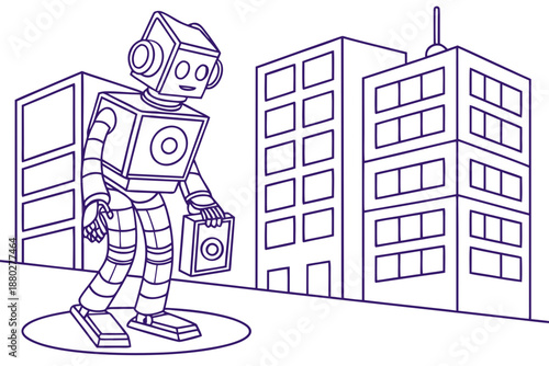Retro robot dancing in a vibrant neon cityscape, holding a speaker