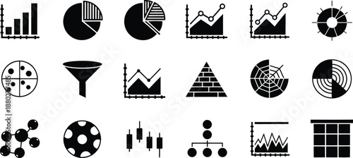 A collection of black and white icons for business data analysis charts and graphs