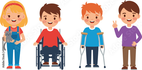 Diverse children characters including disability representation flat cartoon vector illustration isolated on white background