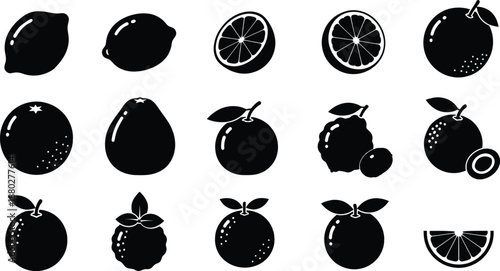 A minimalist collection of black silhouette fruit icons for graphic design