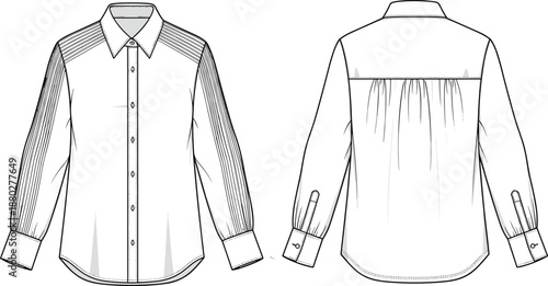 Long sleeve fashion shirt vector illustration, front and back technical drawing, garment design sketch, pleated sleeve detail, apparel construction reference, clothing template