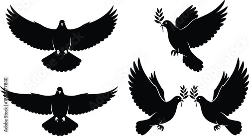 Flying dove bird silhouettes with olive branch peace symbol black vector illustration isolated on white background