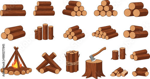 Firewood log piles collection set wooden timber stacks campfire axe flat vector illustration isolated