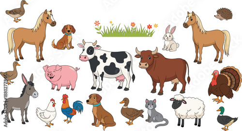 Farm animals collection set including cow horse pig sheep poultry flat cartoon vector illustration isolated