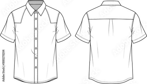 Short sleeve button up shirt flat sketch, front and back technical fashion illustration, vector garment design template, apparel construction drawing, clothing outline