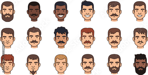 Male face avatars collection set with different hairstyles beards mustaches flat cartoon vector illustration isolated