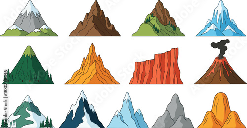 Mountain landscape collection set peaks volcano cliffs hills nature flat vector illustration isolated on white background