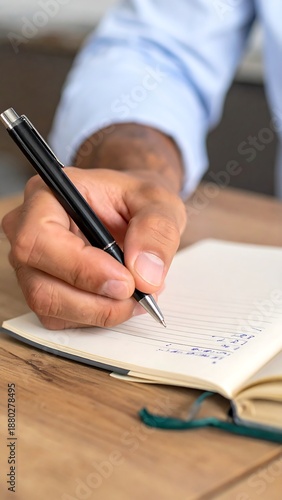 A person's hand writing in a notebook with a pen on a wooden surface. Shirt sleeve is visible