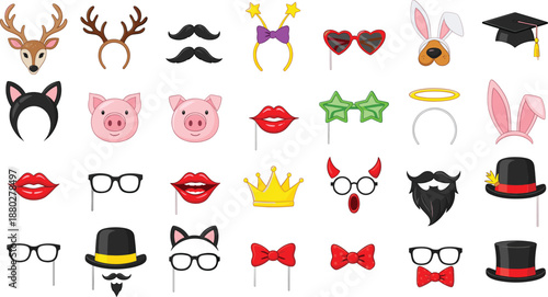 Photo booth party props set funny accessories masks glasses lips hats cartoon vector illustration isolated on white background