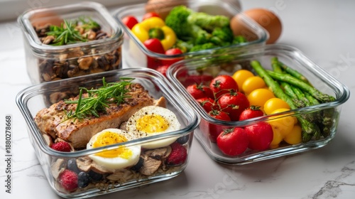 Modern Meal Prep Containers for Healthy Lifestyle with Fresh Ingredients and Variety