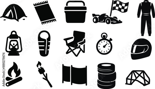 Black of camping and racing concepts on white background