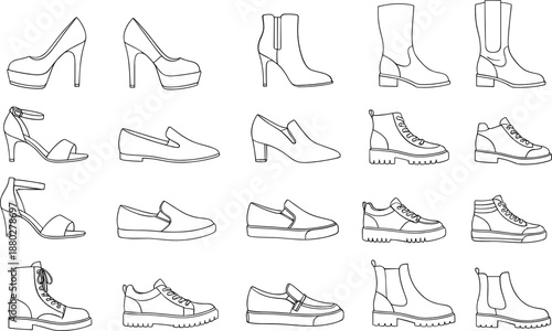Women footwear outline icons set including heels boots sneakers loafers minimal linear vector isolated on white background