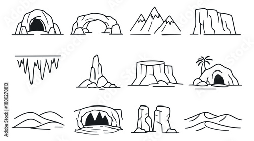 Hand drawn line art rock formations set featuring caves, mountains, cliffs, and dunes for nature exploration