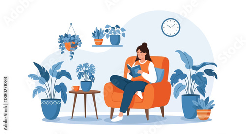 Female character enjoying literature and self improvement at home