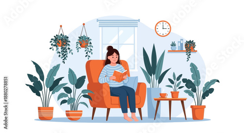 Cozy home library atmosphere with woman reading in armchair