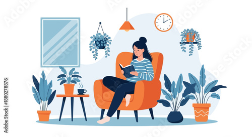 Peaceful girl relaxing in living room with a book and coffee