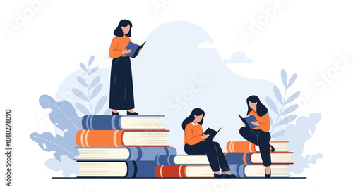 Group of young women reading books on giant stacks of books