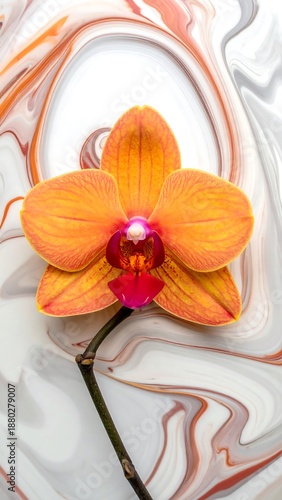 Bright orange orchid with fuchsia center on white/brown swirl background, soft focus, vertical orientation