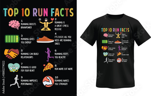 Top 10 Run Facts: A detailed illustration showcasing the top 10 facts about running on a black T-shirt. Ideal for fitness enthusiasts. 