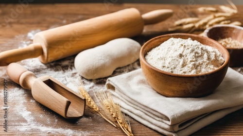 Home Bakery Scene with Flour, Rolling Pin, and Linen Texture on Wooden Table
