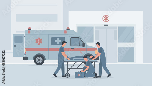 Paramedics transferring an injured patient on a stretcher from an ambulance to a hospital emergency room entrance.