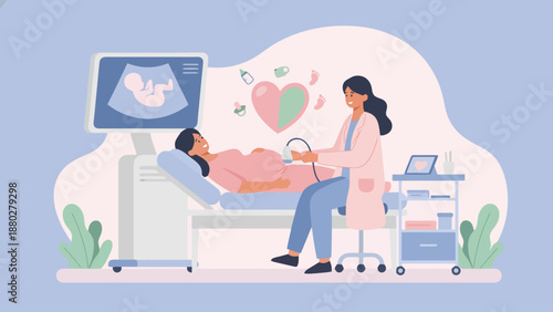 A pregnant woman undergoing an ultrasound examination performed by a female doctor, with the fetal image displayed on a monitor.