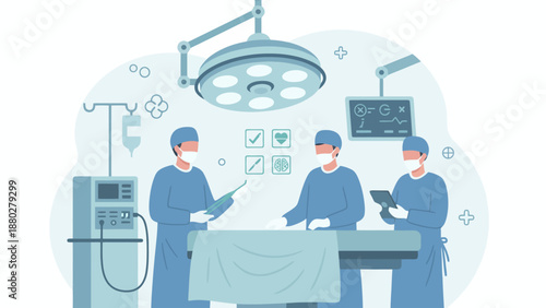Illustration of surgeons performing an operation in a sterile operating room with medical equipment.