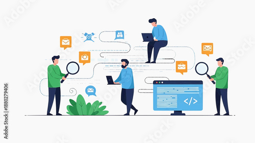 Developers collaborating on coding project, examining code on laptop and large screen, working together in modern workspace