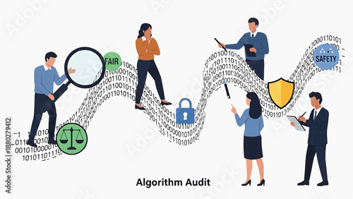 Professionals analyzing algorithm audit data with digital tools and security icons in a modern workflow illustration