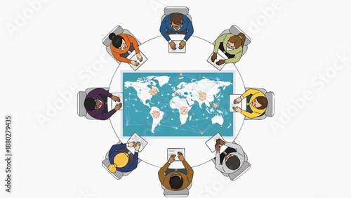 Global connection illustration showing diverse people around the world map in a circular formation