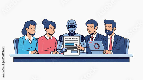 Robot and office workers seated at a conference table reviewing documents together in a corporate meeting room environment from a straight-on viewpoint