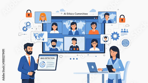 Virtual meeting in progress with diverse participants collaborating remotely on a project together online