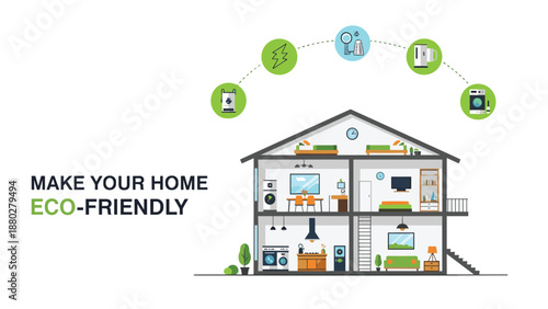 Cross section of a modern eco friendly house shows energy efficient rooms with icons for sustainable living and green technology.