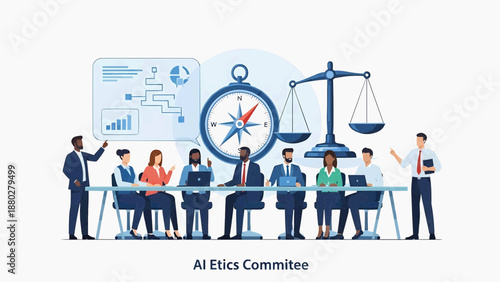 Diverse committee members discussing AI ethics around a table with a large compass and scales in the background