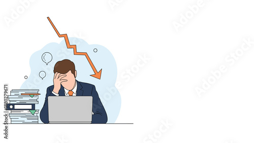 Worried businessman in a suit sits at his laptop with a large red arrow pointing downwards, signifying financial loss or failure.