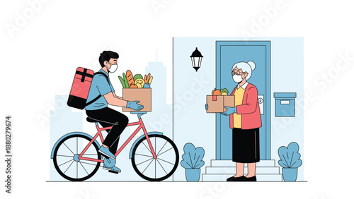 Masked delivery man on a bicycle delivers a box of fresh groceries to an elderly woman standing at her front door during pandemic.