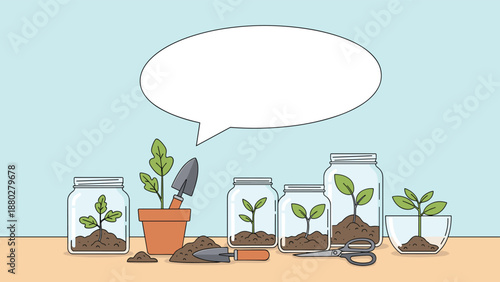 Small plants grow in glass jars on a wooden table alongside gardening tools, soil, and a speech bubble for educational content.
